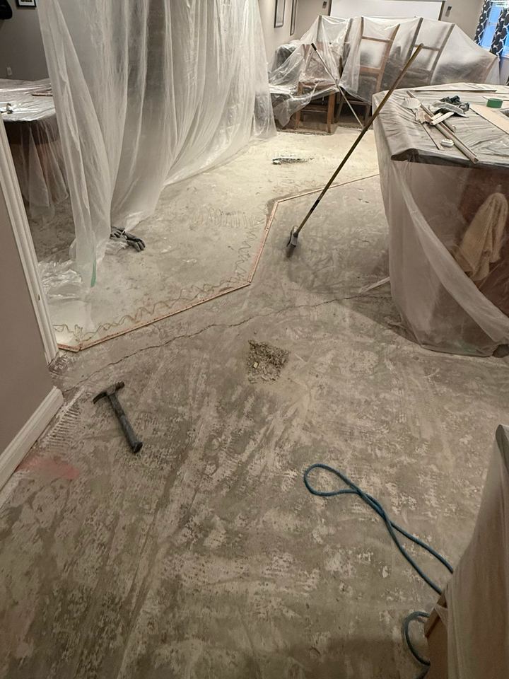 Before: basement under plastic sheeting during tile demo, Geist