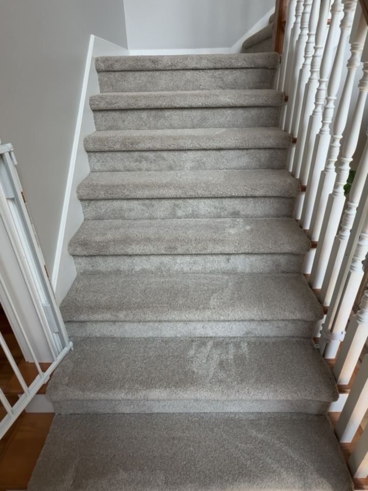 Fourteen carpeted steps finished in Carmel